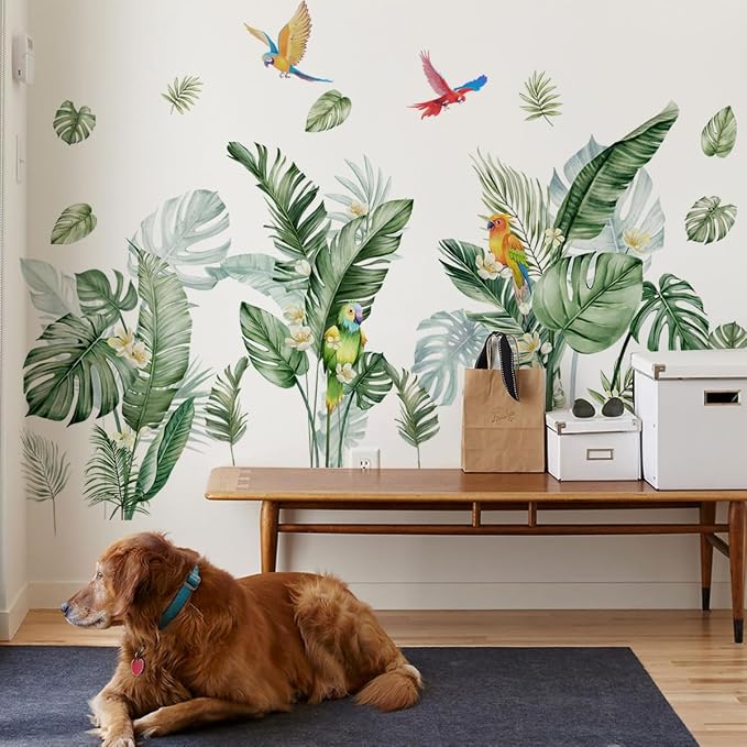 Jungle Wall Decals Peel and Stick, Large Tropical Palm Leaves & Parrot Wall Stickers, Removable Watercolor Forest Mural for Living Room, Bedroom, Nursery (Green-b) - Image 4