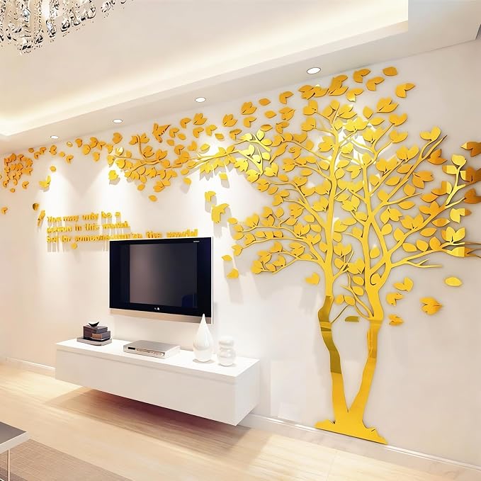 Family Tree Wall Decor Decals - DIY 3D Tree of Life Wall Art Large Decal Stickers Silver Decor Living Room Mural for Bedroom Hallway Home TV Background (Gold Right,L-118X60in) by guangmu