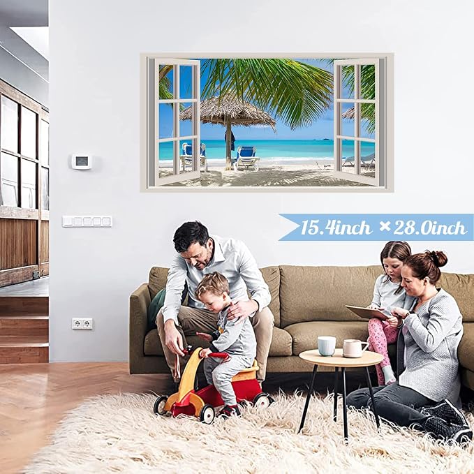 Beach Wall Sticker 3D Fake Windows Wall Stickers Beach Seascape Walls Decals Removable 3D Ocean Walls Decal Blue Sea Landscape Palm Tree Art Mural Vinyl Stickers for Bedroom Living Room Decoration - Image 3