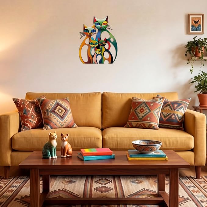 Wesiti Cat Wall Art Metal Sculpture Colorful Mid Century Decor 13.78x11 | Iron Sculpture for Feline Lovers, Retro Design for Living Room Bedroom Office, Vibrant Colorful Home Decoration - Image 5