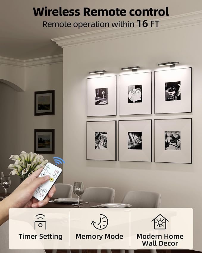 EZVALO Picture Light for Wall, Rechargeable 2400mAh Lights Wireless with IR Remote, 3 Color & Dimmable Magnetic 7.8'' LED Lights Display for Painting, Living Room, Gallery, Bedroom(Black-3P) - Image 4
