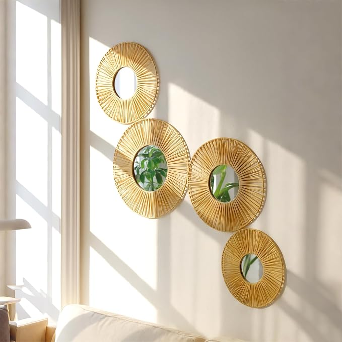Artilady Hanging Baskets Wall Art with Mirror, 4Pcs Boho Wicker Wall Decor - Image 2