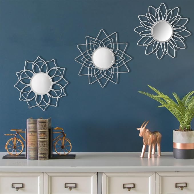 Silver Mirrors for Wall, Metal Flower Circle Mirrors for Home Decoration - Image 2