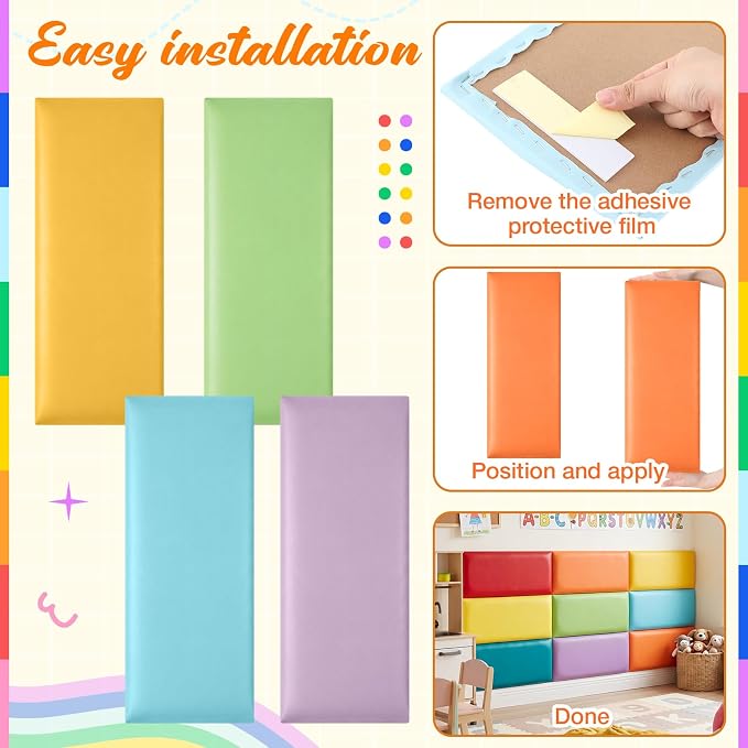 Hahafelt 8 Pack Wall Padding for Playroom Peel and Stick Headboard 19.69" x 7.87" x 1.18" 3D Anti Collision Upholstered Wall Panels Self Adhesive Headboard Panel for Protection (Rainbow Colors) - Image 5