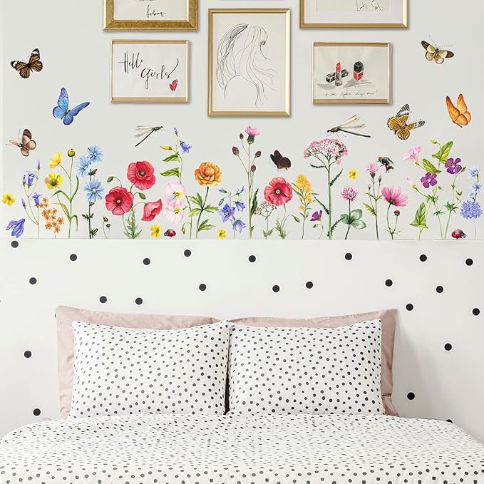 6 Pieces Flowers Wall Decals Vinyl Flowers Wall Stickers Removable Floral Murals Peel and Stick Colorful Flower Decor for Girls Bedroom Living Room Nursery (Butterfly and Dragonfly) - Image 3