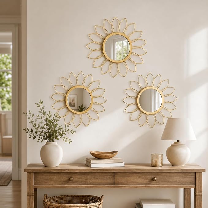 Gold Flower Mirror Set of 3, 3PCS Metal Round Decorative Wall Mirrors, Floral Petal Accent Mirror Wall Decor for Living Room, Bedroom, Entryway & Bathroom - Image 3