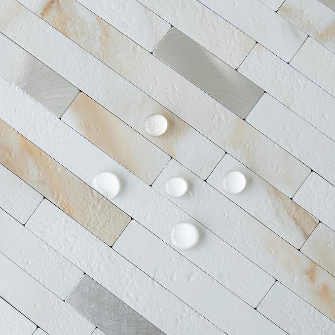 AULIGET 20 Sheets Calacatta Gold Peel and Stick Backsplash, PVC Mixed Metal Silver Wall Tile Stick on Backsplash for Kitchen and Bathroom - Image 3