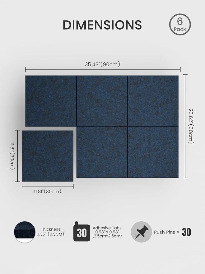 Bumusty 36"x 24" Large Felt Bulletin Board Tiles, Carbon Blue | 6-Pack Cork Board Alternative, Wall Decor, 30 Pushpins, 30 Adhesive Tabs, Vision Board, Office, Classroom, Home, Dorm - Image 2