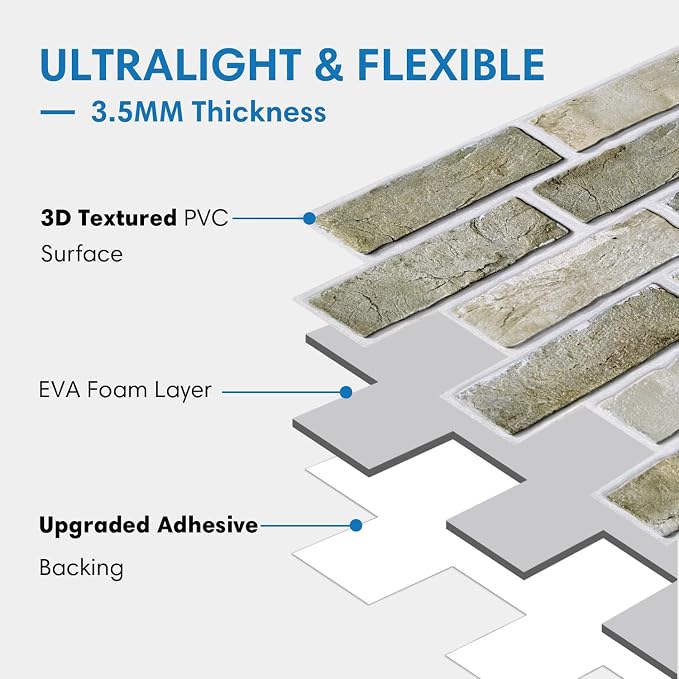 COMSTICKC 3D Faux Brick Wall Panels Peel and Stick Decorative Tiles Sticker | 10 Pcs 15.7" x 11.8", Green-Gray, Not Real Brick, Thin PVC Fake Brick Backsplsh Wall Covering for DIY, Cover 12.9 sq ft - Image 4