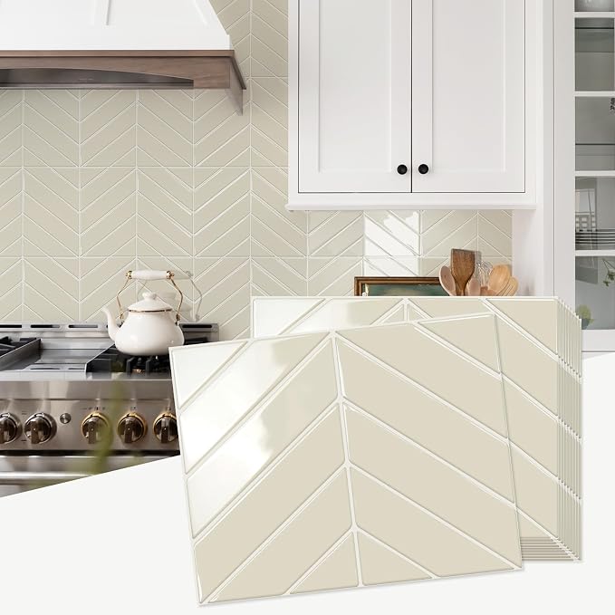 STICKGOO Herringbone Peel and Stick Backsplash, Light Gray Beige, 10 Sheets | 12.6 x 9.7 in, Thicker Rectangular Vinyl Stick-On Wall Tiles, Easy Alignment, Waterproof, Easy to Clean, Kitchen/Bathroom by STICKGOO