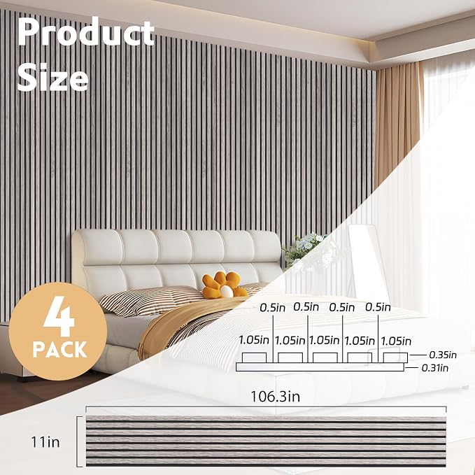 4 Pack Wood Panels for Wall, 106.3" × 11" Wood Slat Acoustic Panels for Wall, Soundproof Panels, 3D Fluted Panels for Interior Wall Decor (Grey) - Image 2