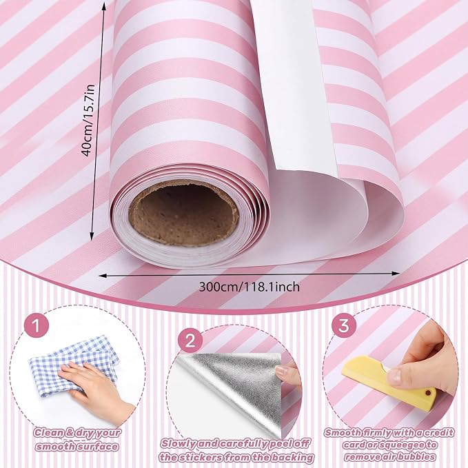 Drydiet Pink and White Striped Wallpaper Peel and Stick 15.8 x 118.1 in | Striped Wallpaper, Self Adhesive Removable, Wall Sticker Paper for Home Locker Dorm Classroom Bedroom Living Room Decor - Image 2