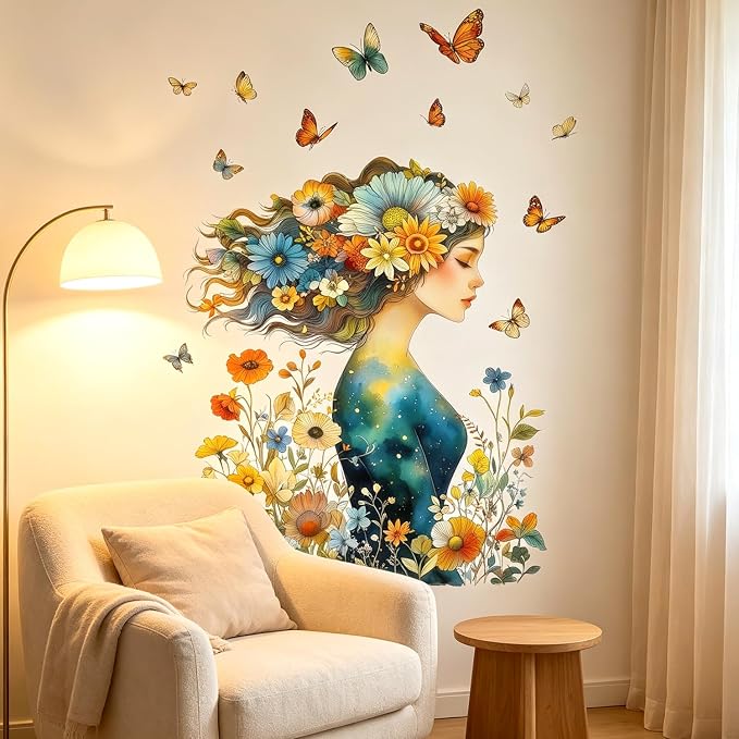 Woman Floral Flower Wall Decals, Boho Botanical Butterfly Wall Stickers | Whimsical botanical colorful butterflies peel and stick wall decor, removable vinyl wall art mural for bedroom living room - Image 5
