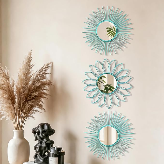 3 Pack Metal Mirrors for Wall Sunburst Wall Mirrors Home Décor Decorative Hanging Wall Art for Living Room Bedroom Entryway (Greenish Blue, Flower+Sunburst) - Image 4