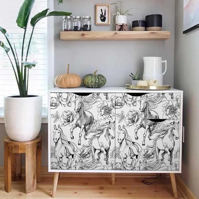 Black and White Peony Floral Horse Modern Peel and Stick Wallpaper Wall Decor Self Adhesive Wall Paper Stick on Easy Peel Off Contact Paper for Renter Bedroom Apartment - Image 5