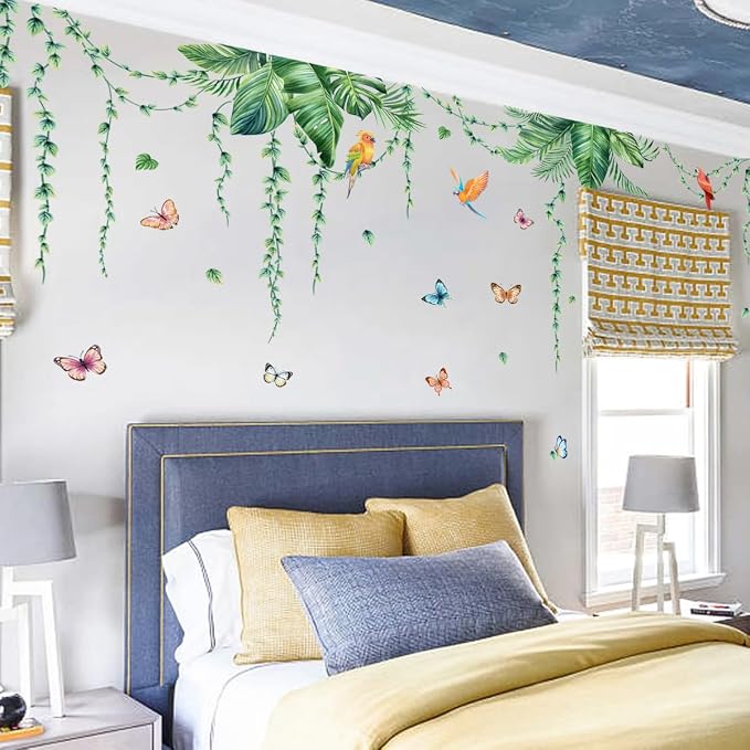 Jungle Wall Decals Peel and Stick, Large Tropical Palm Leaves & Parrot Wall Stickers, Removable Watercolor Forest Mural for Living Room, Bedroom, Nursery (Green-a) - Image 3