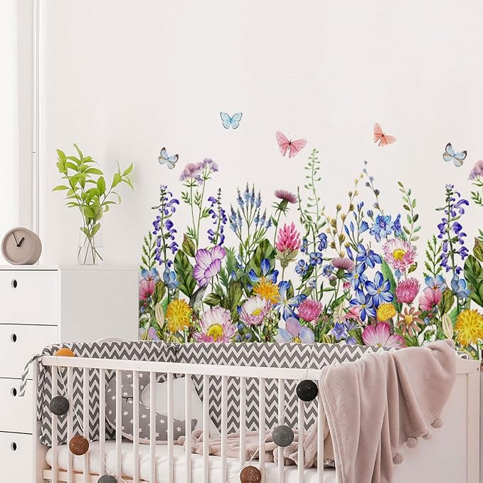 4 Pieces Flowers Wall Decals Vinyl Flowers Wall Stickers Removable Floral Murals Peel and Stick Colorful Flower Decor for Girls Bedroom Living Room Nursery (Butterfly) - Image 4