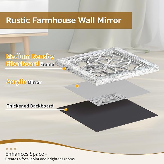 Set of 4 Boho Wall Mirrors with Carved Floral Design, 12x12 Inch Rustic Farmhouse Accent Mirrors, Vintage Style Shatterproof Square Mirror Decor for Living Room, Bedroom(Grey) - Image 5