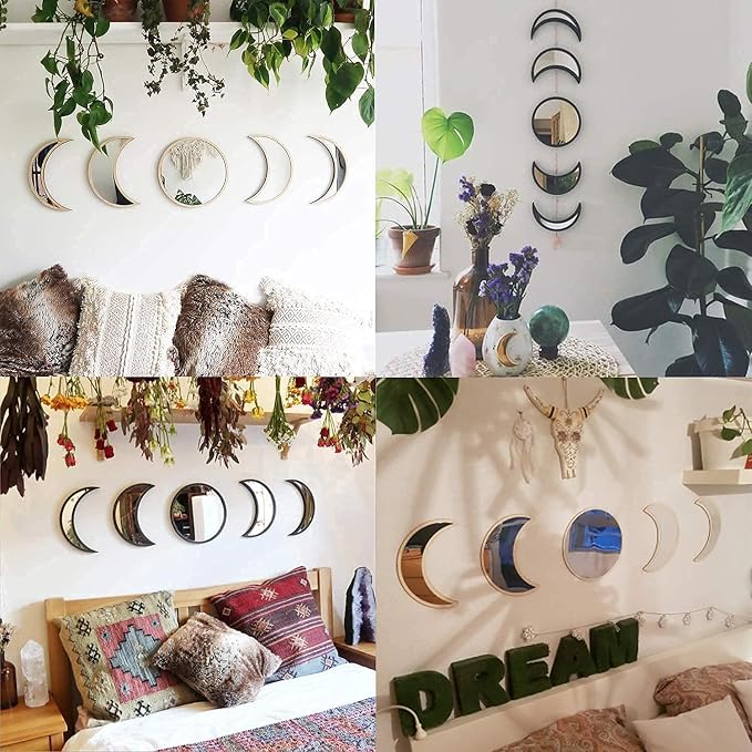 MAXROCK Moon Phase Mirror Set, 5 Piece Scandinavian Natural Decor Wall Decorative Home Decor Bohemian Moon Mirror for Living Room Bedroom, Acrylic Mirror, Not Real Mirror - Image 3