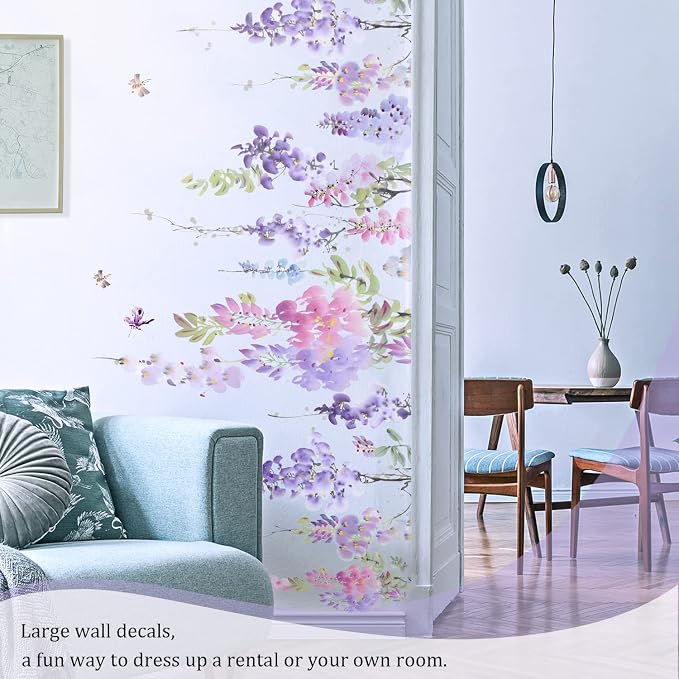 Purple Flowers Wall Decals Peel and Stick, Large Hanging Floral Vinyl Wall Stickers, Removable Vine Home Decor Art for Bedroom Living Room Classroom Office - Image 7