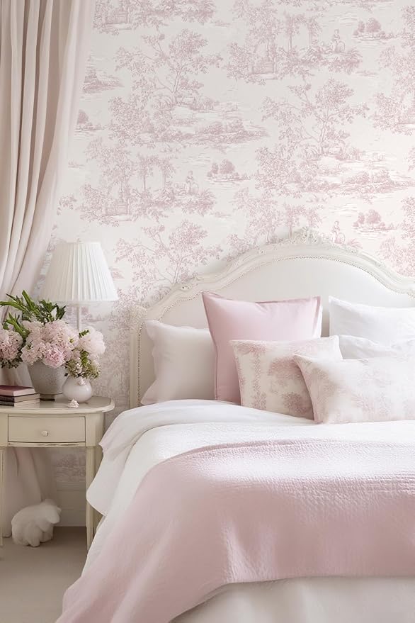 Toduso Peel and Stick Wallpaper Vintage Wallpaper Pink Removable Wall Paper Toile Self-Adhesive Waterproof Tree Contact Paper for Bedroom Living Room Cabinets Thicken Vinyl 17.3'' x 196.8'' - Image 8