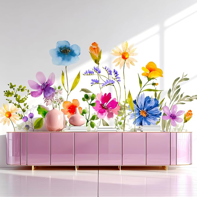 Watercolor Floral Flower Peel and Stick Wall Decals Decor Stickers Art | Colorful botanical wildflower removable vinyl wall art mural DIY kome decoration for bedroom living room nursery girls room - Image 4