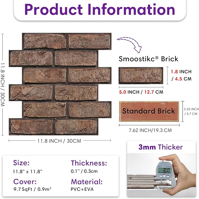 3D Faux Brick Wall Panels Peel and Stick, Designed for Quick DIY | Brown, 10 Pcs 11.8" x 11.8", Small Brick-Look, Ultra-Light PVC Fake Brick Wall Covering for Wall Renovation, Cover 9.7 sq ft - Image 3