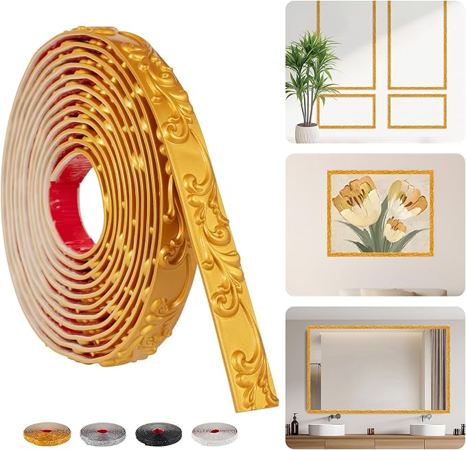 16.4FT x 1.02'' Gold Crown Molding Trim Peel and Stick – Flexible Decorative Mirror Frame Border, Self-Adhesive Trim for Doors & Cabinets by Hohnnyreet