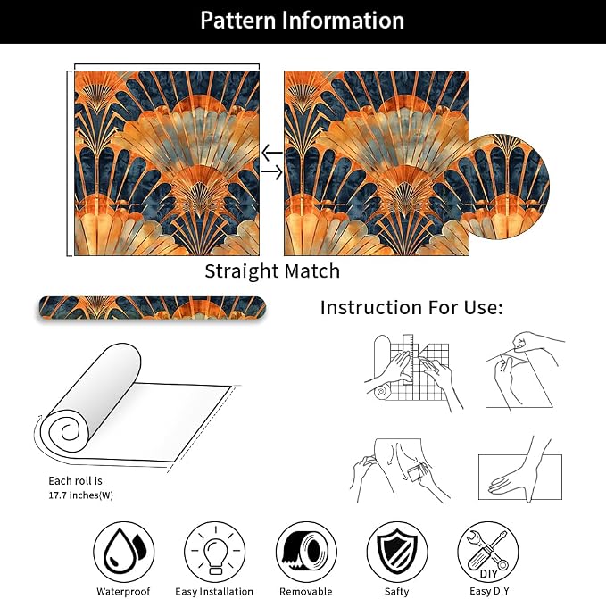 18"x236" Brown Orange Fan-Shaped Geometric Art Boho Peel and Stick Self Adhesive Wallpaper Removable Contact Paper Stick on Easy Peel Off Wall Paper for Kitchen Bedroom Bathroom Renter - Image 7