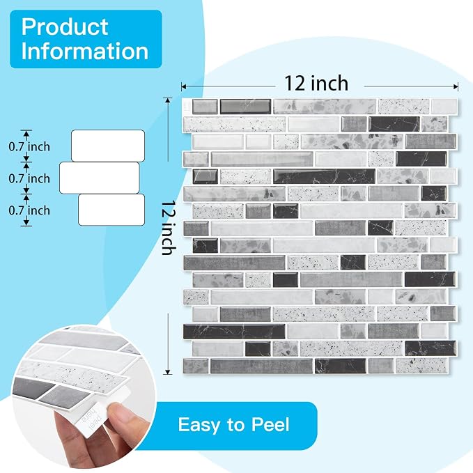 Art3d Linear Design Tile Peel and Stick Backsplash, 10-Sheet, Carrara Grey | 12 x 12 Inch, Enhanced Thickness, Warp Resistant, Strong Adhesion, Sturdy, for Kitchen, Bedroom, Ideal for Home Improvement - Image 6