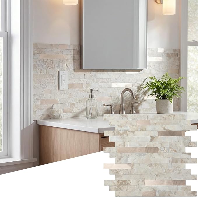 5 - Sheet Peel and Stick Backsplash Wall Tile, PVC Kitchen Backsplash, Stick on Tiles for Backsplash Kitchen (12'' X 12'', Beige Rocks + Rose Gold) by Yipscazo
