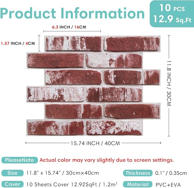 Commomy 3D Peel and Stick Faux Brick Wall Panels - 10pcs 15.74" x 11.8" | Ultralight Thin PVC Fake Brick Wallpaper Tiles Wall Covering for Home Office,Living Room Quick DIY Decor(12.92 sq.ft) - Image 5