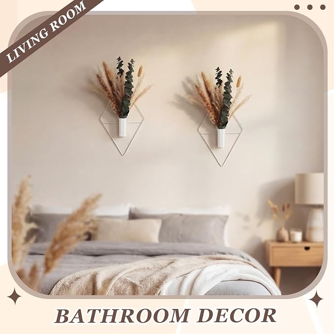 Jexine 8 Pcs Hanging Artificial Planters Wall Decor, White, Pampas | Bathroom Wall Decor, Geometric Metal Vase, Indoor Plants, Living Room, Home Office, Entryway, Boho Accent, Wall Mounted - Image 5