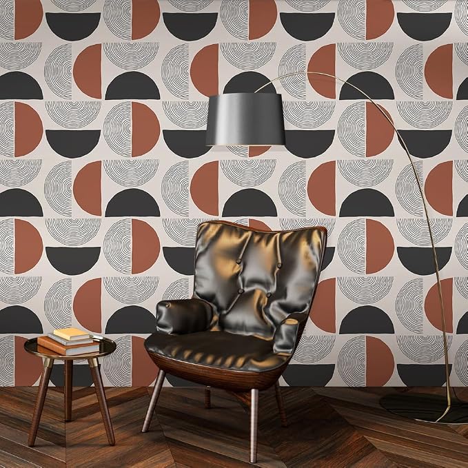 Boho Geos 01 Vinyl Wallpaper, Geometric Circles Retro Art for Renter Bedroom Apartment, Easy Peel and Stick, 17.7x118.1in, Brown/Black/Grey, Furniture Surface Recommendation - Image 4