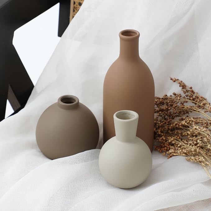 Ceramic Vase Set of 3, Vases Home Decor Rustic Farmhouse Decorative Vase Pottery Vases for Bouquet Pampas Grass Dried Fresh Flowers, Table Living Room Kitchen Bedroom Bathroom - Brown - Image 5