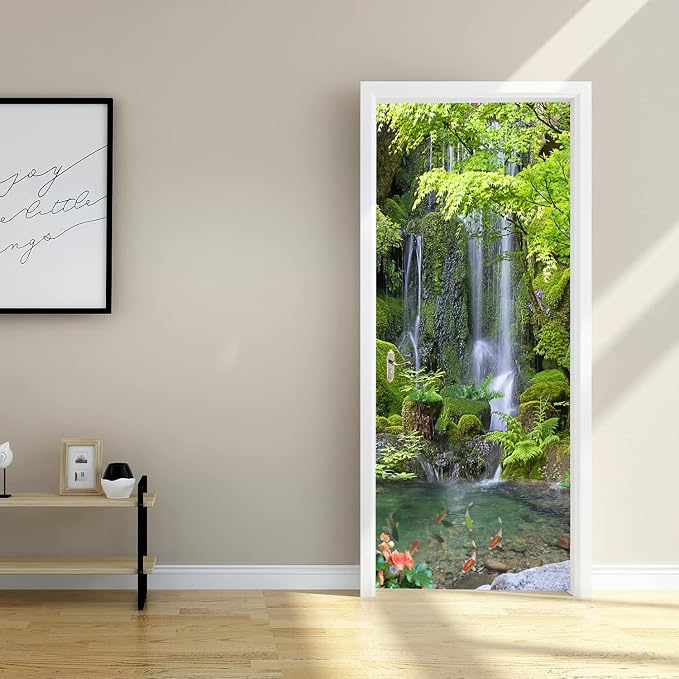 artfanke 3D Peel and Stick Door Sticker 33.5"x84.6"-Self-Adhesive Door Murals Wallpaper-Green Forest Waterfall Wall Decal for Home Decor (2 Sheets/Set) - Image 8