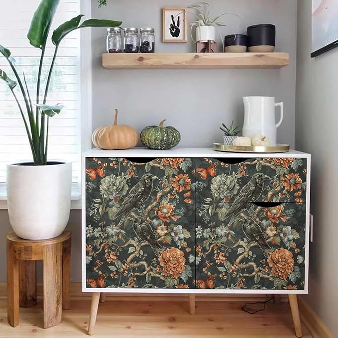 18"x236" Gothic Dark Vintage Flower Birds Peel and Stick Self Adhesive Wallpaper Removable Contact Paper Stick on Easy Peel Off Wall Paper for Kitchen Bedroom Bathroom Renter - Image 5