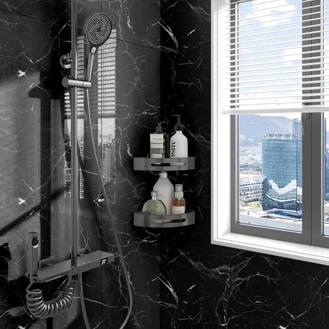 Chejiaye Shower Wall Panels Peel and Stick,Marble Wall Panels for Interior Decor,Backsplash Tile for Kitchen Showers Bathrooms Living Rooms 11.8"x11.8"in 10Pcs,Black (Not Real Tile,9.7 Sq.ft) - Image 2