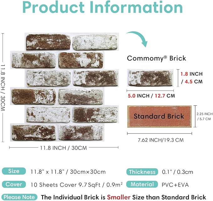 Commomy Faux Brick Panels Peel and Stick Wall Stickers 10 Pcs 11.8" x 11.8" | Small Size Thin PVC Fake 3D Brick Wallpaper for Kitchen,Fireplace,Home Office,Wall Covering Decor(Covers 9.7 sq.ft) - Image 4