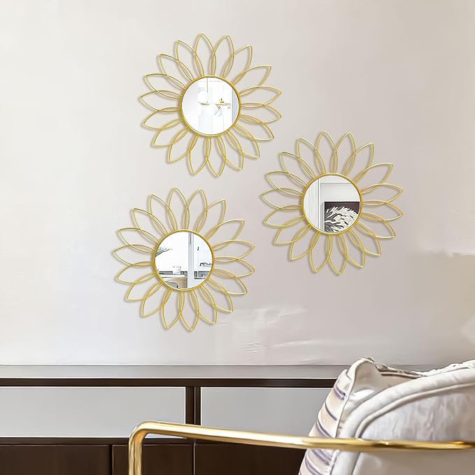 3 Pack Metal Mirrors for Wall Sunburst Wall Mirrors Home Décor Decorative Hanging Wall Art for Living Room Bedroom Entryway (Gold2, Flowers) - Image 5