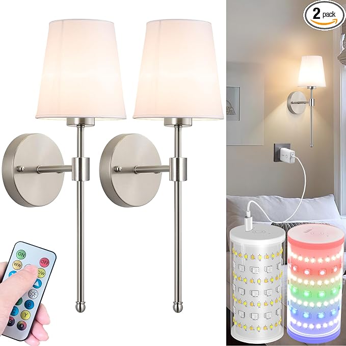 Battery Operated Wall Sconces Set Of 2, Wireless Battery Wall Light With 10000mAh RGB Rechargeable Magnetic Bulb, Rechargeable Wall Sconce With Remote Control For Bedroom, No Electrician Required by Nekhung