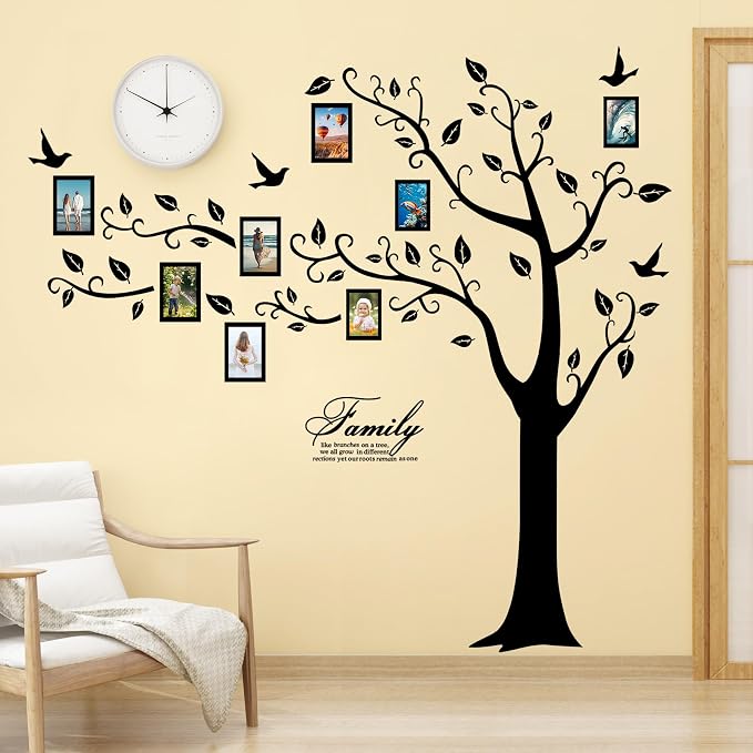 Large Family Photo Tree Wall Sticker 3D Peel and Stick Vinyl Photo Frame Tree Wall Decals Removable Quotes Leaf and Birds Wall Decor for Home Kids Bedroom Living Room Classroom Nursery (Left, Black) - Image 3