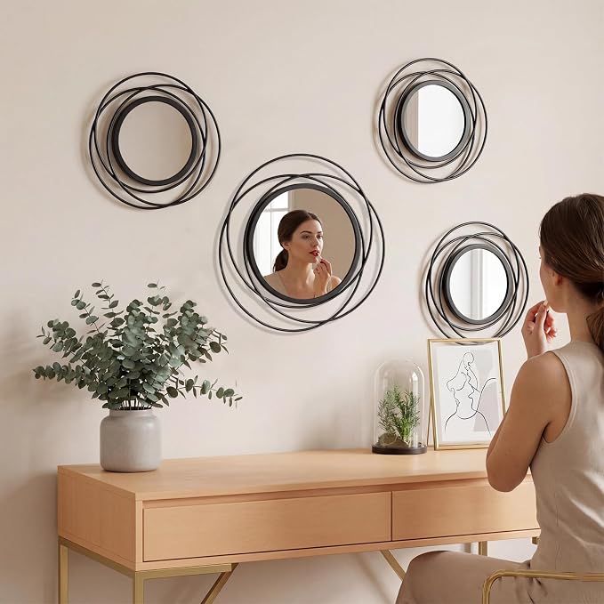 4 Piece Gold Round Wall Mirror Set Modern Metal Circles for Home Decor - Image 2