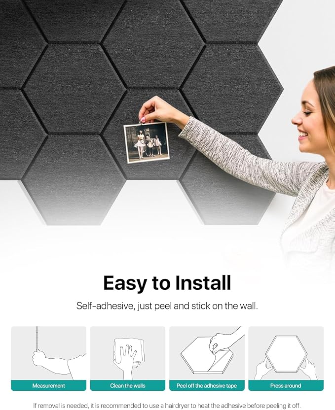 Soundsbay Hexagon Acoustic Panels, Self-Adhesive 18 Pack Sound Panels | 150kg/m³ High-Density Polyester, Covers 15 sq ft Soundproof Wall Panels for Walls, Office, Ceiling 12" X 10" Black - Image 8
