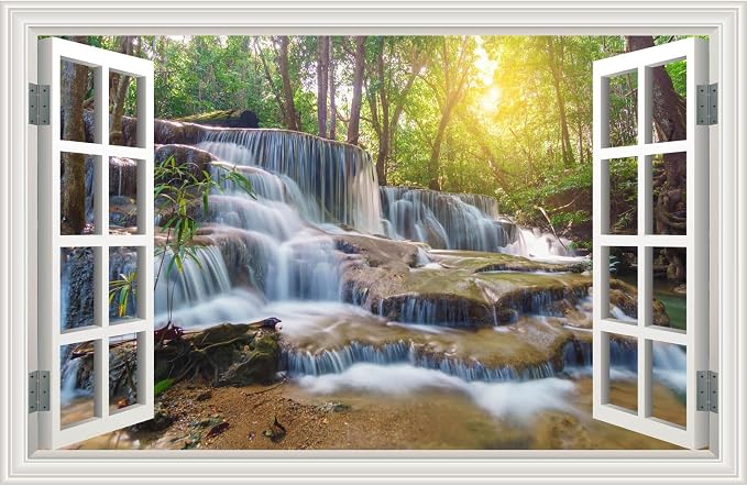 Fake Window Wall Mural Sticker Forest Tree Jungle Waterfall Faux Window Poster Decal Picture Open Wall Art Decor, Stick and Peel Landscape Natural Scenery Scene（48"x32",Set of 2 Sheets） by Clickhere
