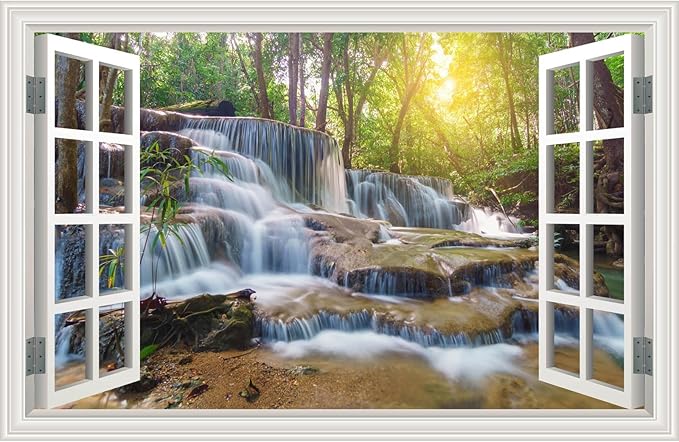 Fake Window Wall Decal Forest Jungle Waterfall River Faux Window Poster Sticker Picture Open Wall Art Decor, Stick and Peel Landscape Natural Scenery Sunshine Canvas Scene Mural,16"x24" by Clickhere