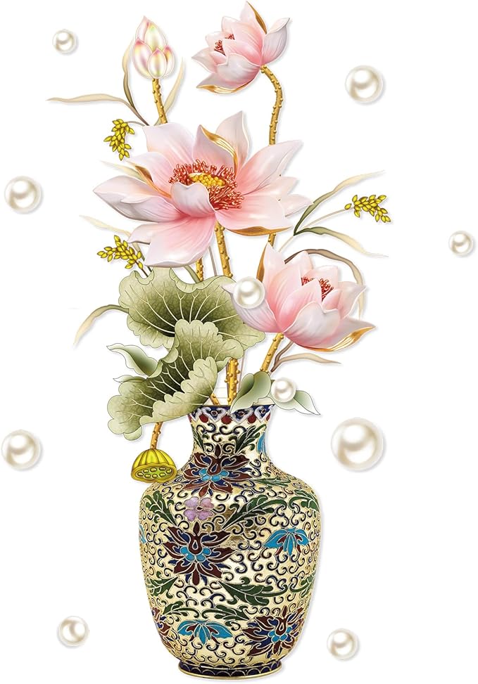 Chinese Style Lotus Flower Vase Wall Sticker, 24"x47" Classical Lotus Flower Wall Decals Murals Peel and Stick 3D Wall Art Stickers for Girls Bedroom Nursery Living Room TV Home Decor by BWCXXZH