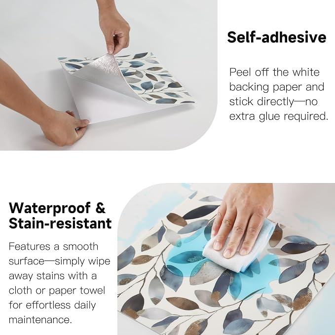 20pcs Marble Peel and Stick Shower Wall Panels 11.8"x11.8" | (Total 19.4 Sq.Ft.) Botanical Leaves,Waterproof,Backsplash Tile,Stick on Wall,for Bathroom,Bedroom,Kitchen - Image 5
