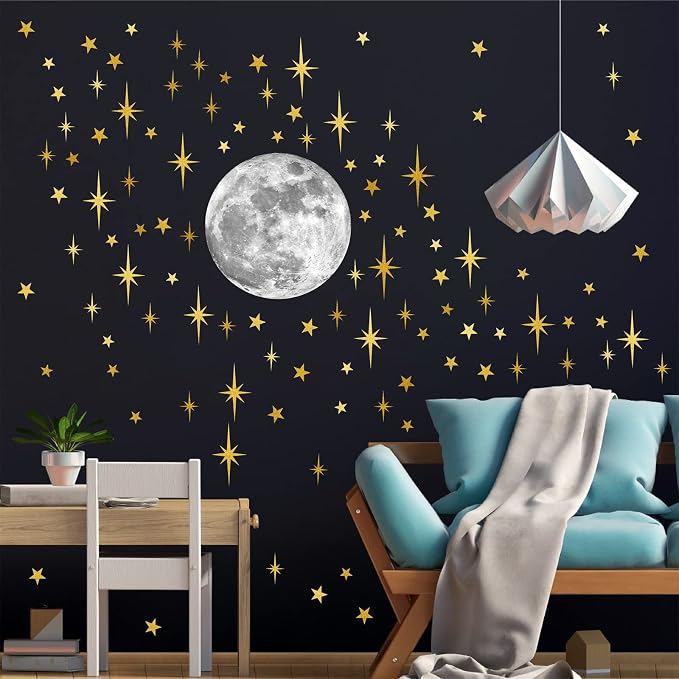 Retro Starburst Wall Decals Stars Wall Sticker Star Moon Vinyl Decal Golden | Celestial decor, sparkle wall stickers decoration, peel and stick, removable art mural, for girls bedroom living room nursery - Image 8