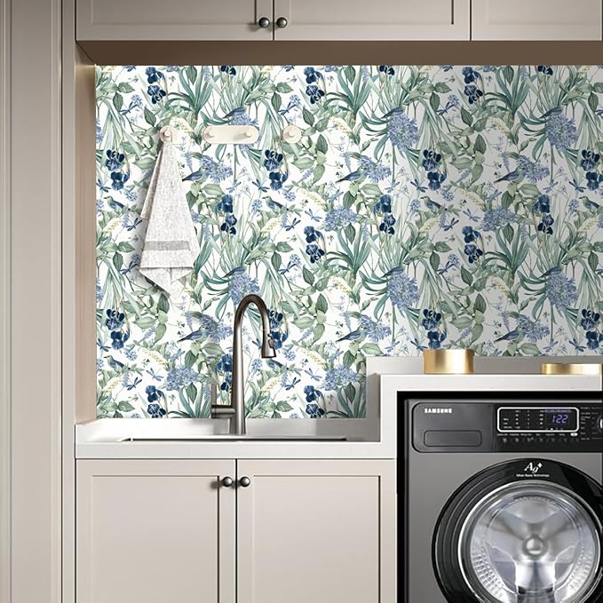 Floral Wallpaper Peel and Stick Flower Bird Blue Vinyl 17in x 393in | Flower Contact Paper Vintage Floral Wallpaper Boho Self Adhesive Waterproof Wall Paper Botanical Removable Decorative Vinyl - Image 4